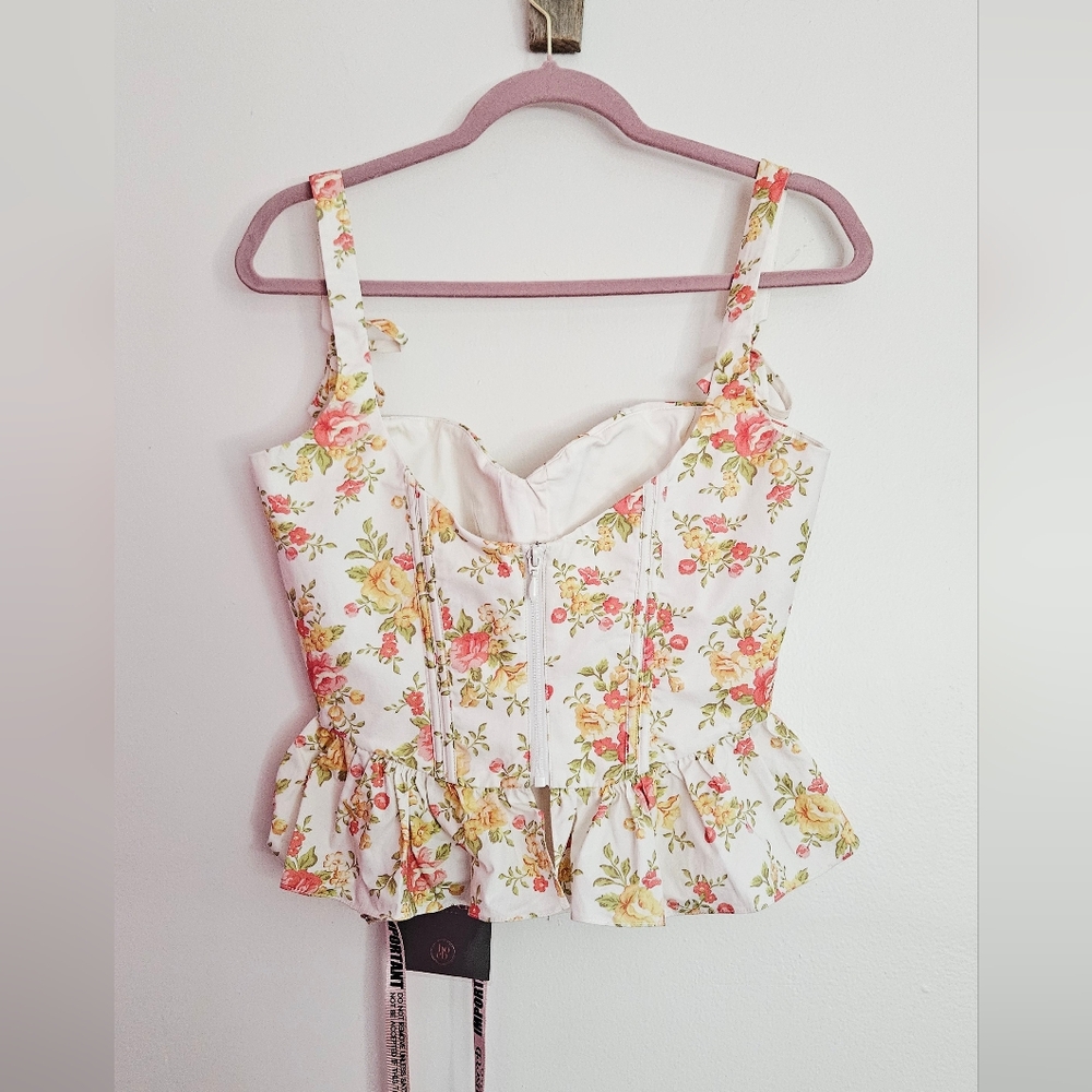 New House Of CB Gigou Royal Rose Print Peplum Cotton Corset Top - Picture 5 of 6